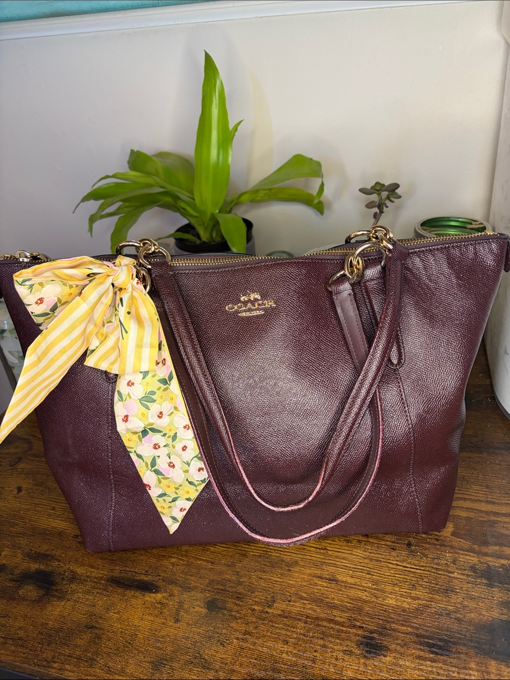 Coach Wine Saffiano Tote with Gold Hardware